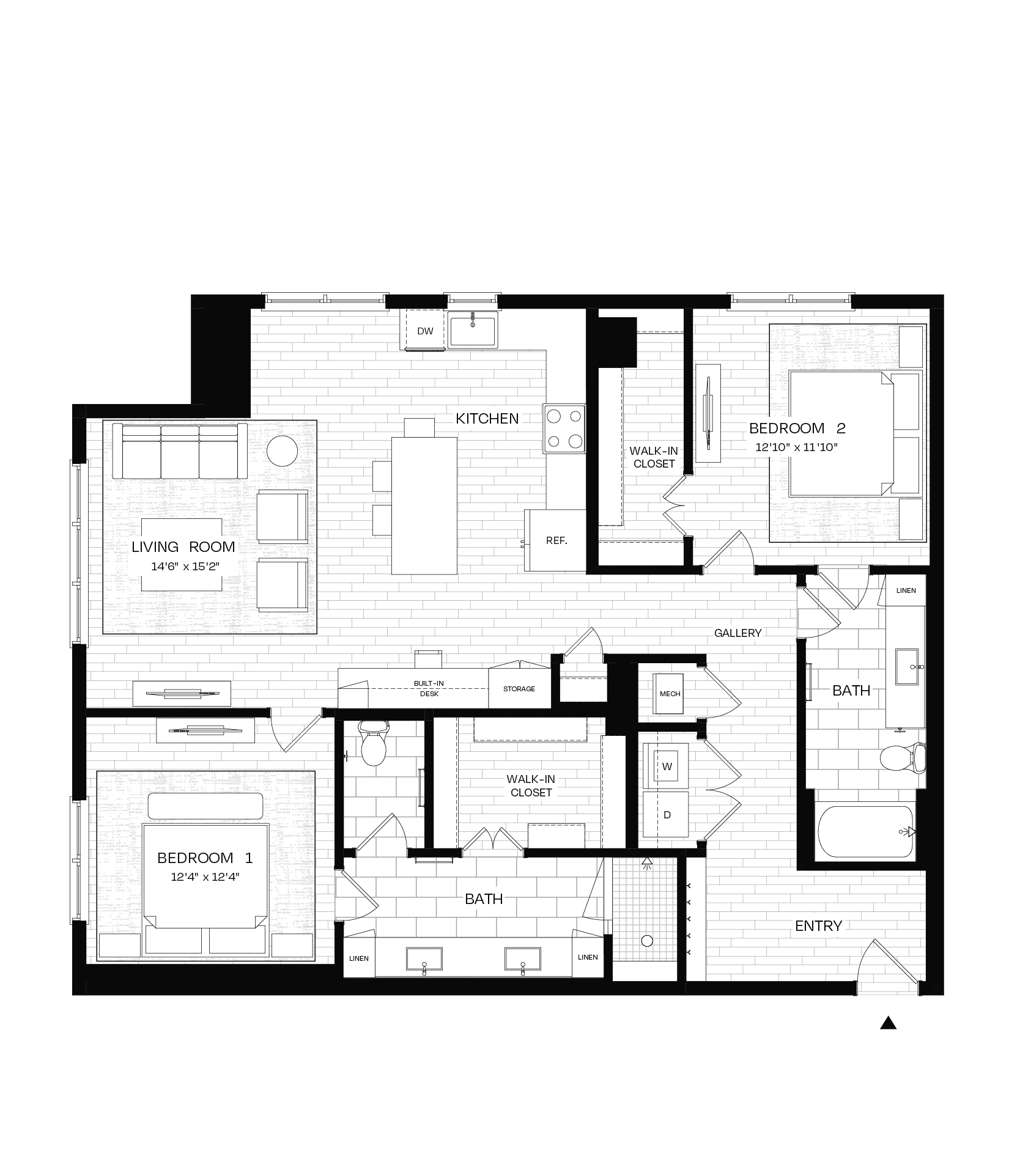 Floor plan for 2 beds, 2 baths, 1449 sqft